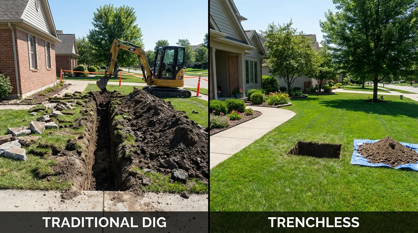 Trenchless sewer repair with minimal yard damage versus traditional excavation in Caruthersville, MO